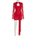 Women's Solid Color Hollow Out Strap Lace Long Sleeve Ribbon Short Dress - RICALOUX