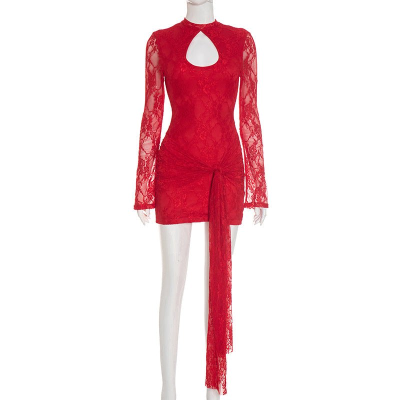 Women's Solid Color Hollow Out Strap Lace Long Sleeve Ribbon Short Dress - RICALOUX