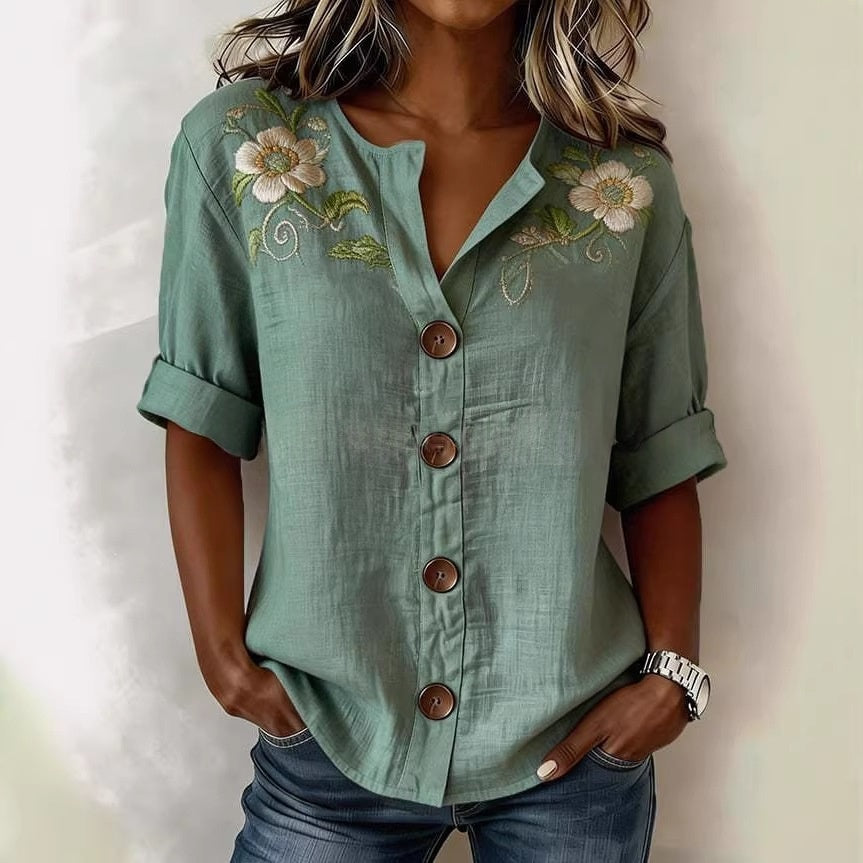 Lantern-sleeve Printed Button-up Womens Blouse by Ricaloux