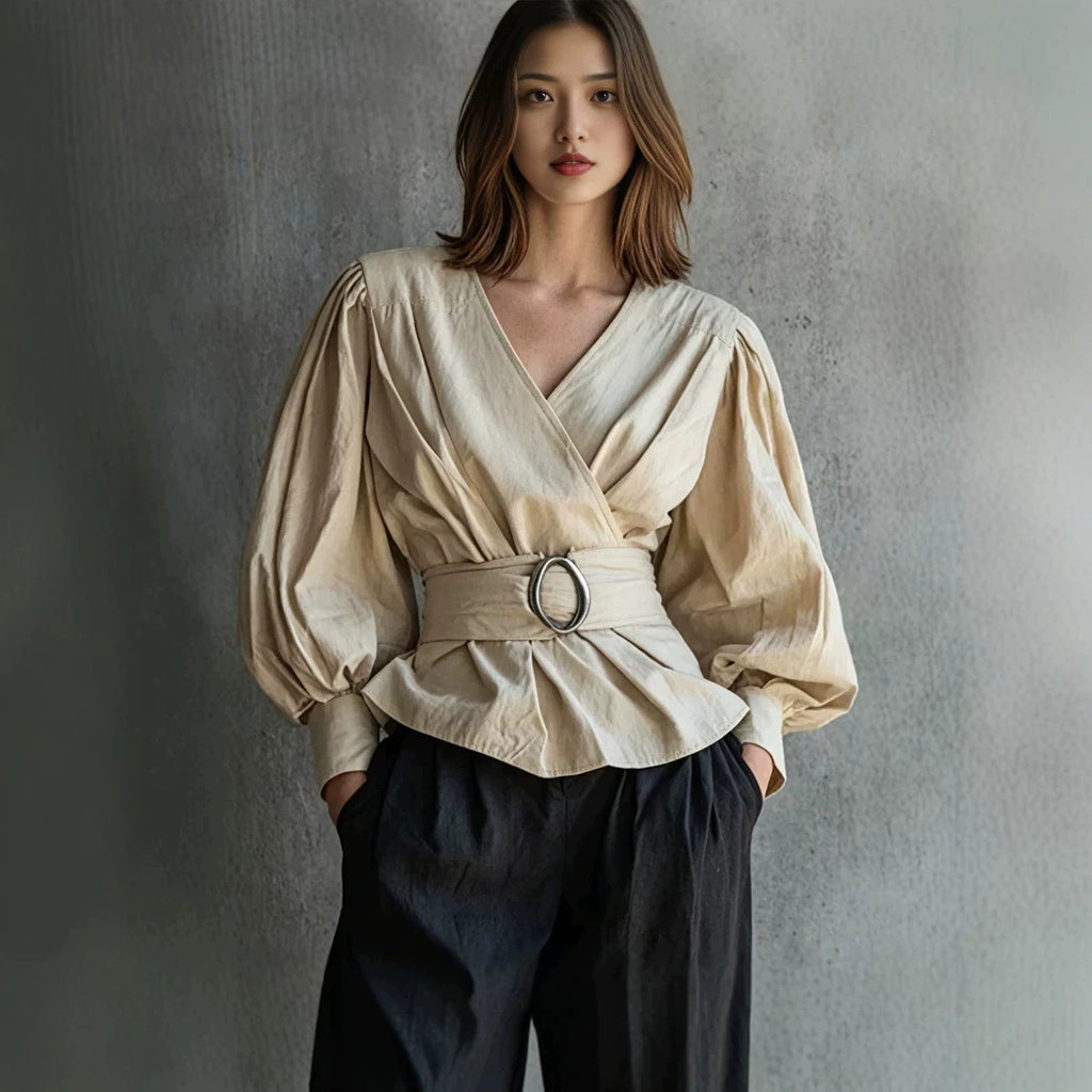 Womens V-neck Blouse With Ruffled Cuffs And Puff Sleeves by Ricaloux