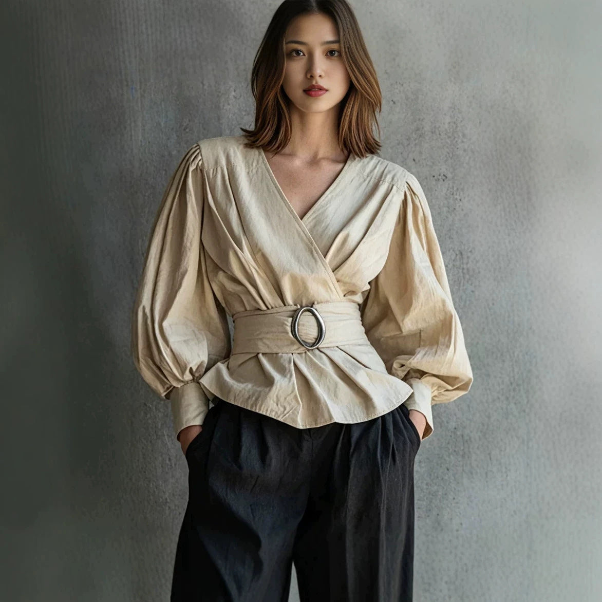 Womens V-neck Blouse With Ruffled Cuffs And Puff Sleeves by Ricaloux