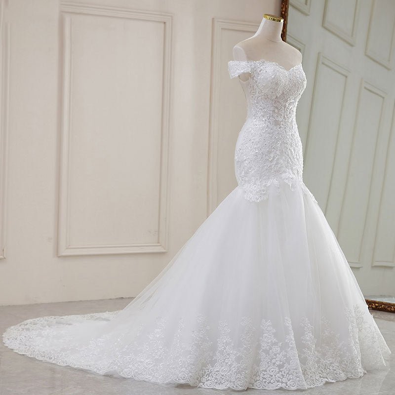 High Waist White Temperament Dream Lace Mid-waist Long Tail V-neck Wedding Dress - RICALOUX