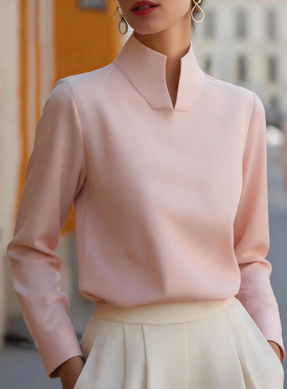 New Chinese-style Mandarin-collar Long-sleeve Blouse Niche Office-chic Top For Women by Ricaloux