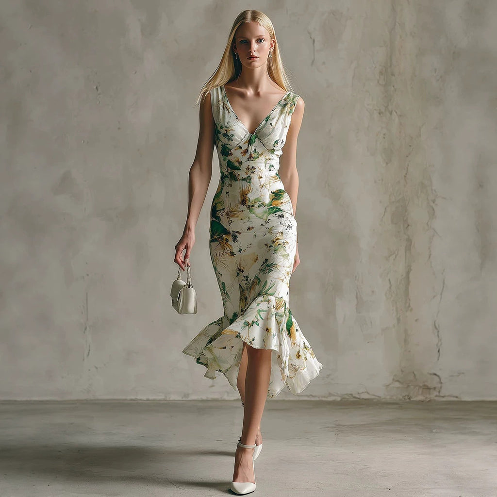 Printed White Sleeveless V-neck Ruffled Dress – Premium 0 | RICALOUX