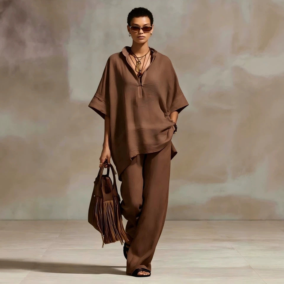 Womens Casual Loose-fitting Solid-color Shirt And Wide-leg Pants Set by Ricaloux