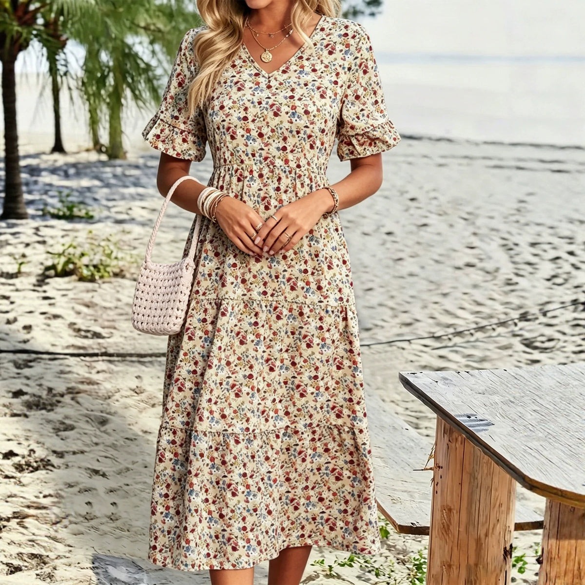 Casual Bohemian V-neck Short-sleeve Flowing Long Beach Dress by Ricaloux