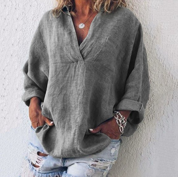 Women's Large Size Solid Color Imitation Cotton And Linen V-neck Long-sleeved Pullover Top - RICALOUX
