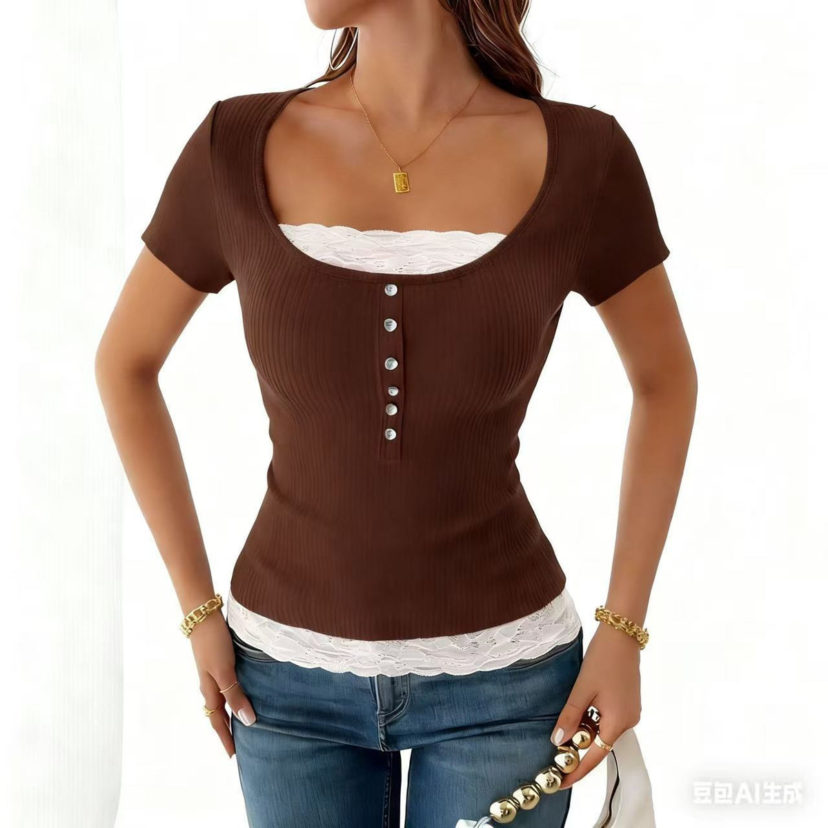 Fashionable Short-sleeve T-shirt Womens Lace Top Style by Ricaloux