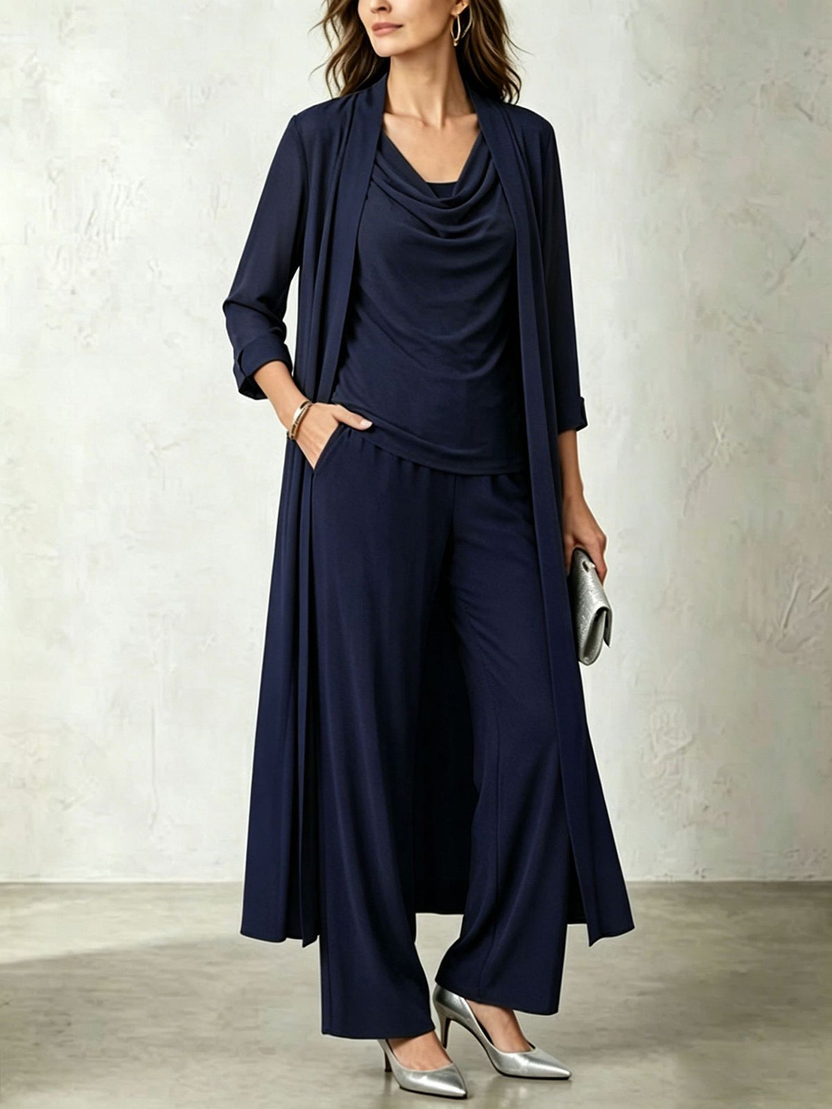 Womens Long Cardigan Jacket And Pants Three-piece Set by Ricaloux
