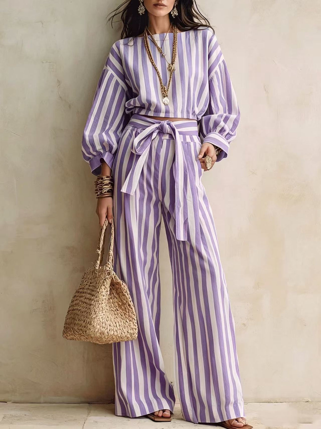 Womens Striped Cropped Top And Casual Lace-up Wide-leg Pants Set – Premium 0 | RICALOUX