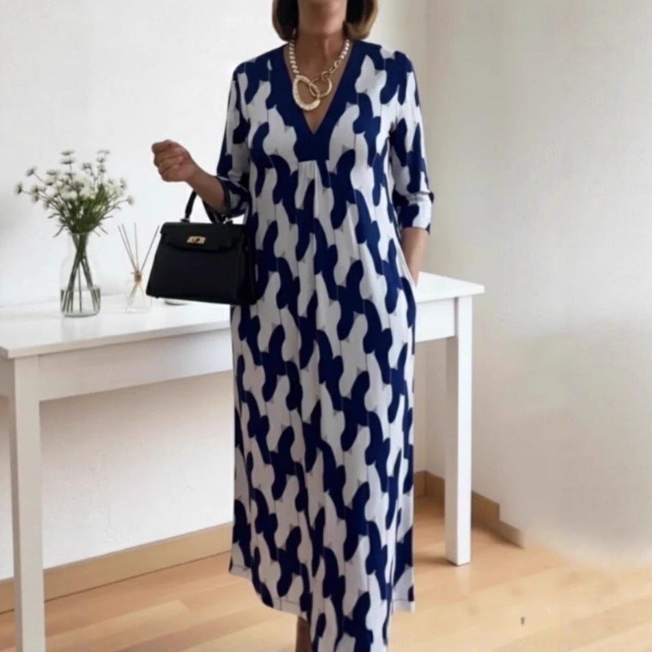SpringSummer New Womens V-neck Printed Dress – Premium 0 | RICALOUX