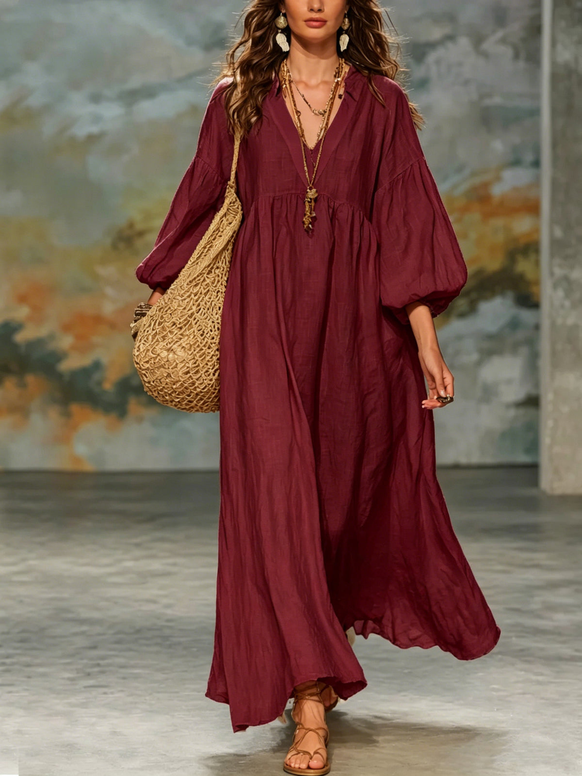 Deep-V Lantern-sleeve Loose-fit Flared Dress by Ricaloux