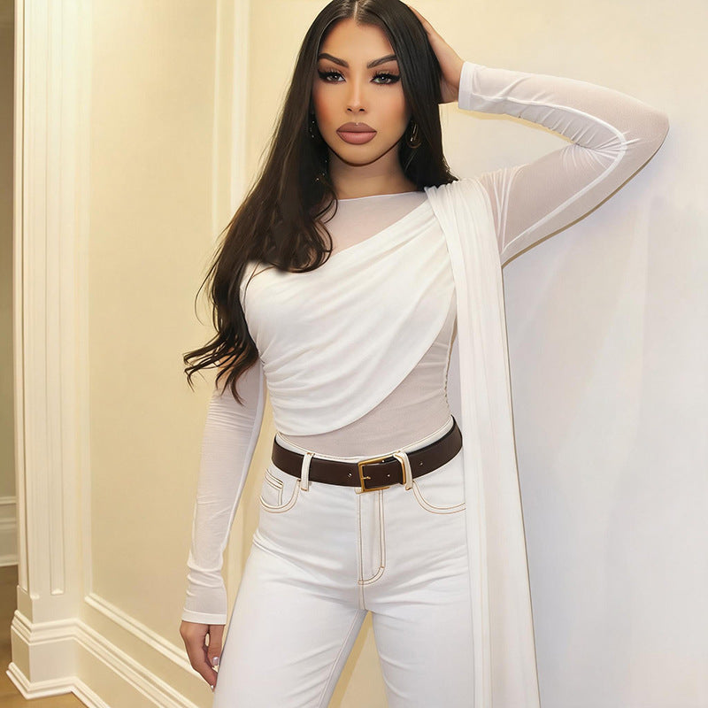 Off-Shoulder Mesh-Panel Sexy Long-Sleeve Top by Ricaloux