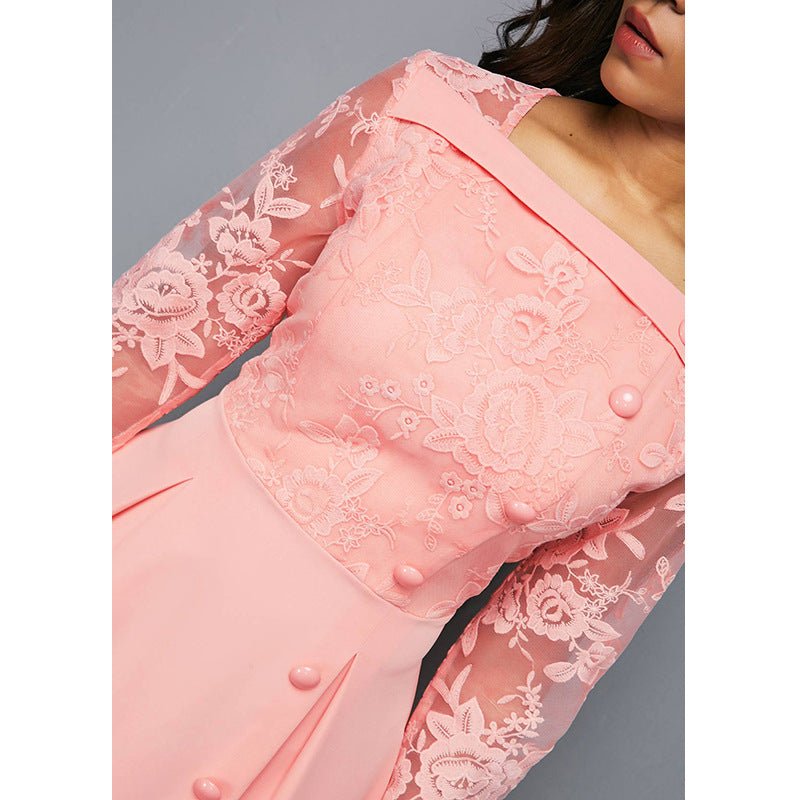 Fashionable Round Neck Lace Women's Dress High Waist Long Sleeves Printed Mid-length Dress - RICALOUX