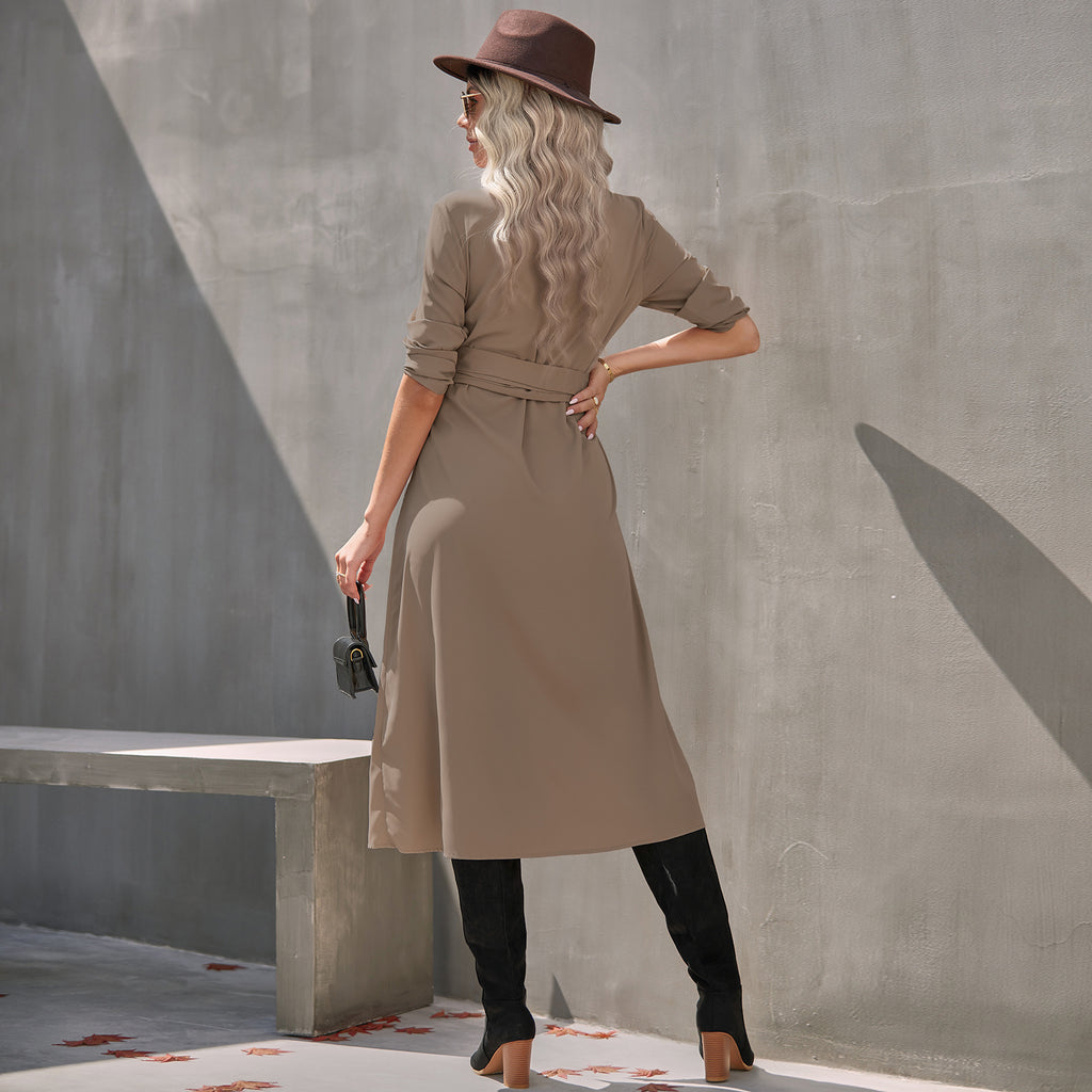 Women's Elegant Lapel Collar Long Sleeve Button Down Belted Shirt Dress, Casual Maxi Dresses With Slit For Office & Daily Wear by Ricaloux