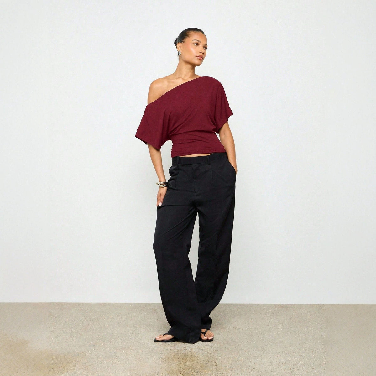Girl-group-style Off-shoulder Batwing-sleeve Waist-cinching Short-sleeve Top by Ricaloux