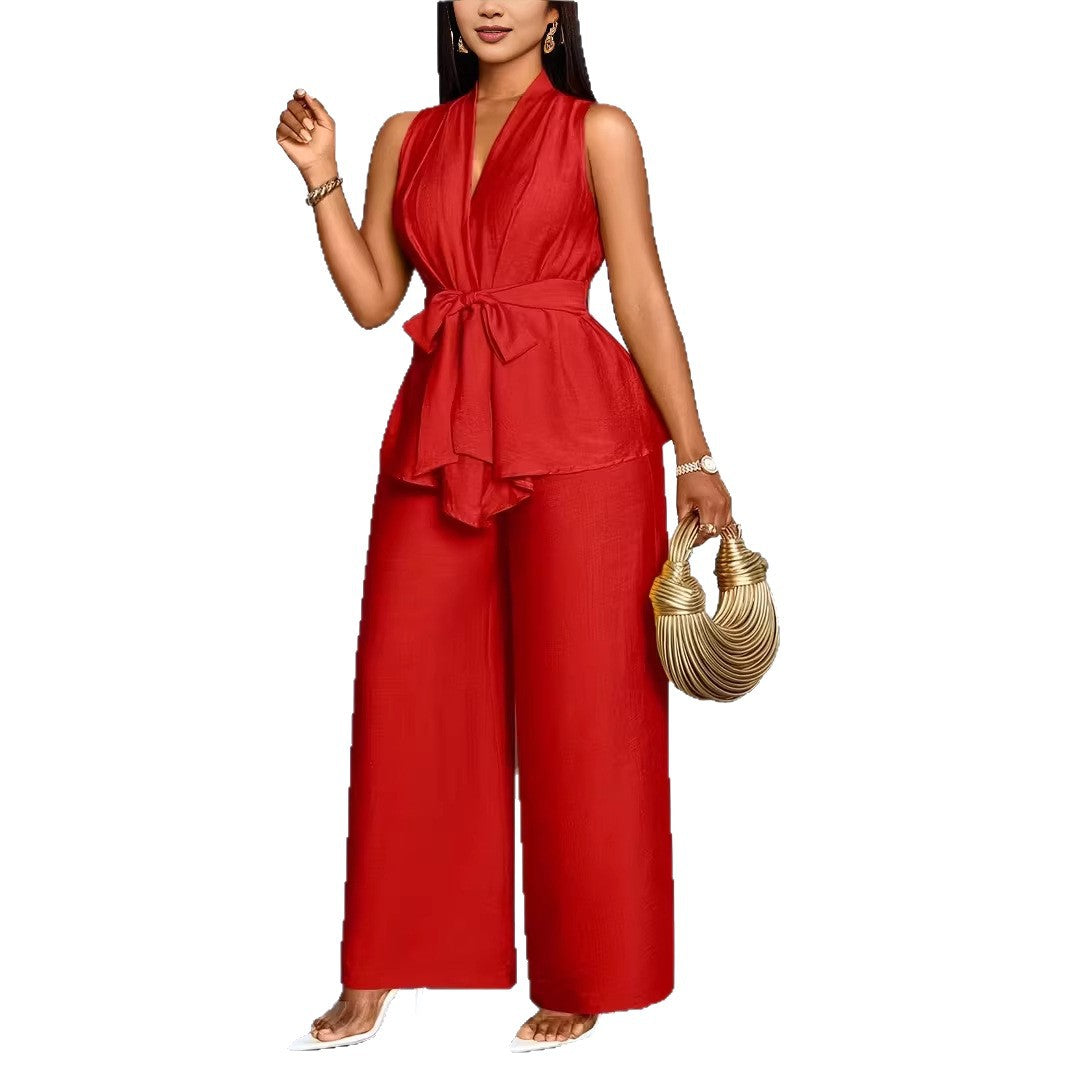 Womens V-neck Sleeveless Asymmetrical Top And Wide-leg Pants Set by Ricaloux