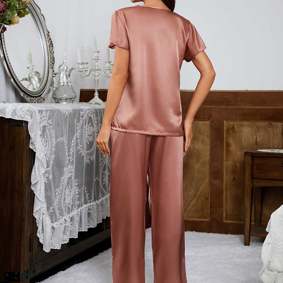 Long Pants And Short-sleeve Loose-fit Faux Silk Loungewear Set by Ricaloux