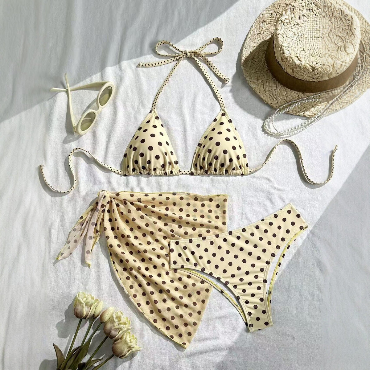 Polka-dot Halter Bikini Three-piece Set, Vintage Style by Ricaloux