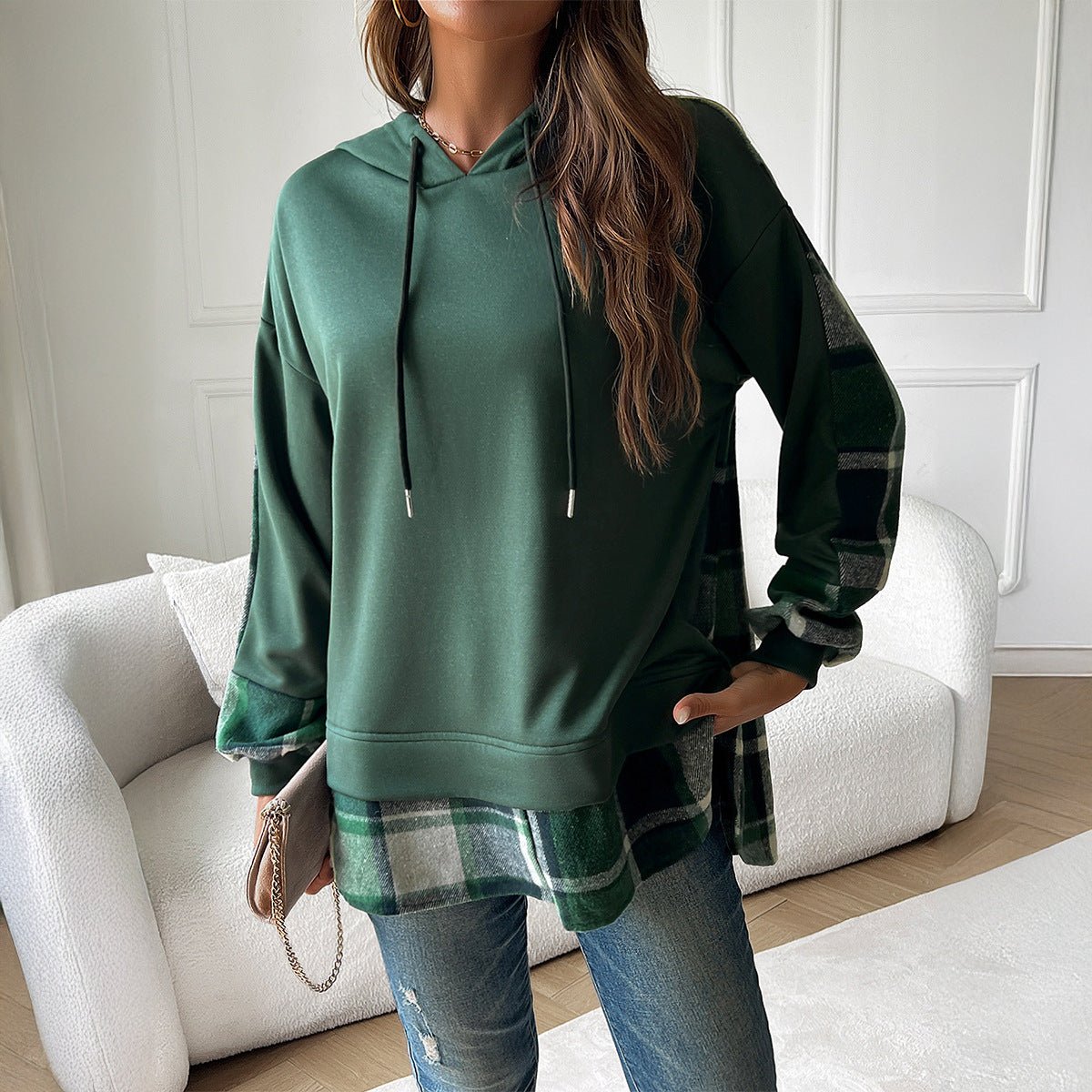 Women's Vintage Oversized Hoodie With Plaid Patchwork Stylish Y2k Clothing Streetwear Round Neck Hooded Long Sleeve Sweatshirts - RICALOUX