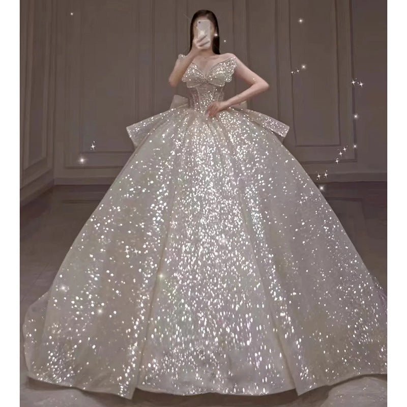 One-shoulder High-quality Long Trailing Heavy Industry Retro Wedding Dress - RICALOUX
