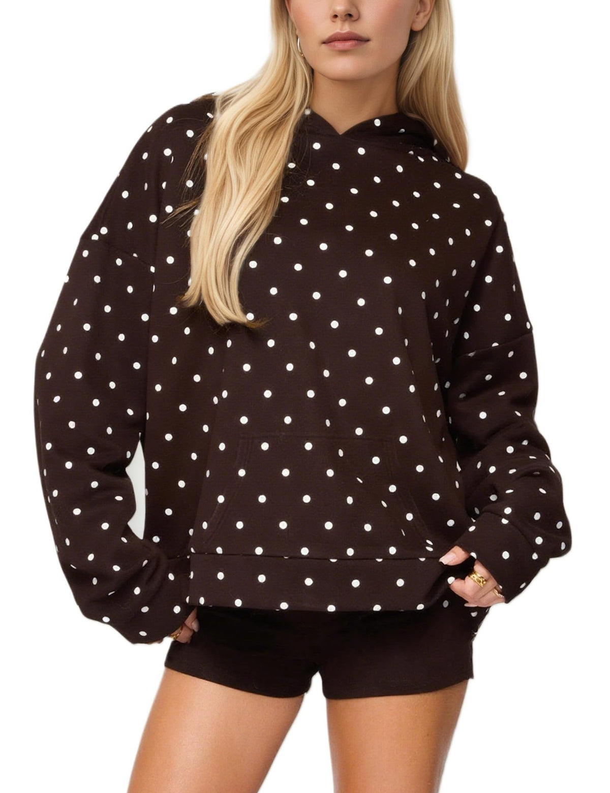 Womens Polka-dot Print Loose-fitting Sweatshirt With A Hood by Ricaloux