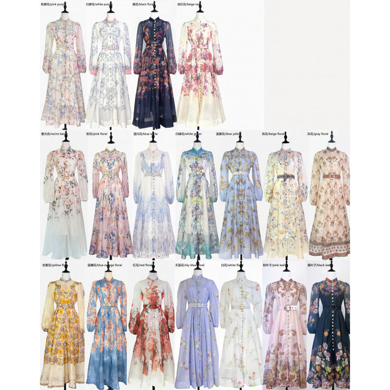 Stand-collar Single-breasted Dress With Puff Sleeves A Fitted Waist by Ricaloux