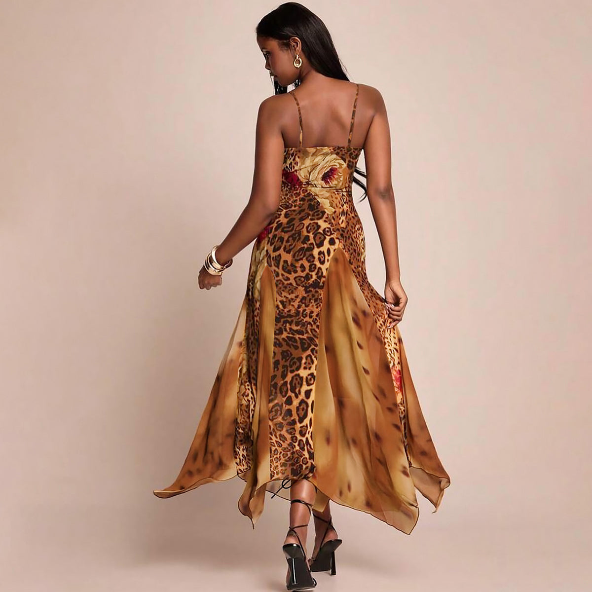 Mesh-panel Digital-print Camisole Dress by Ricaloux