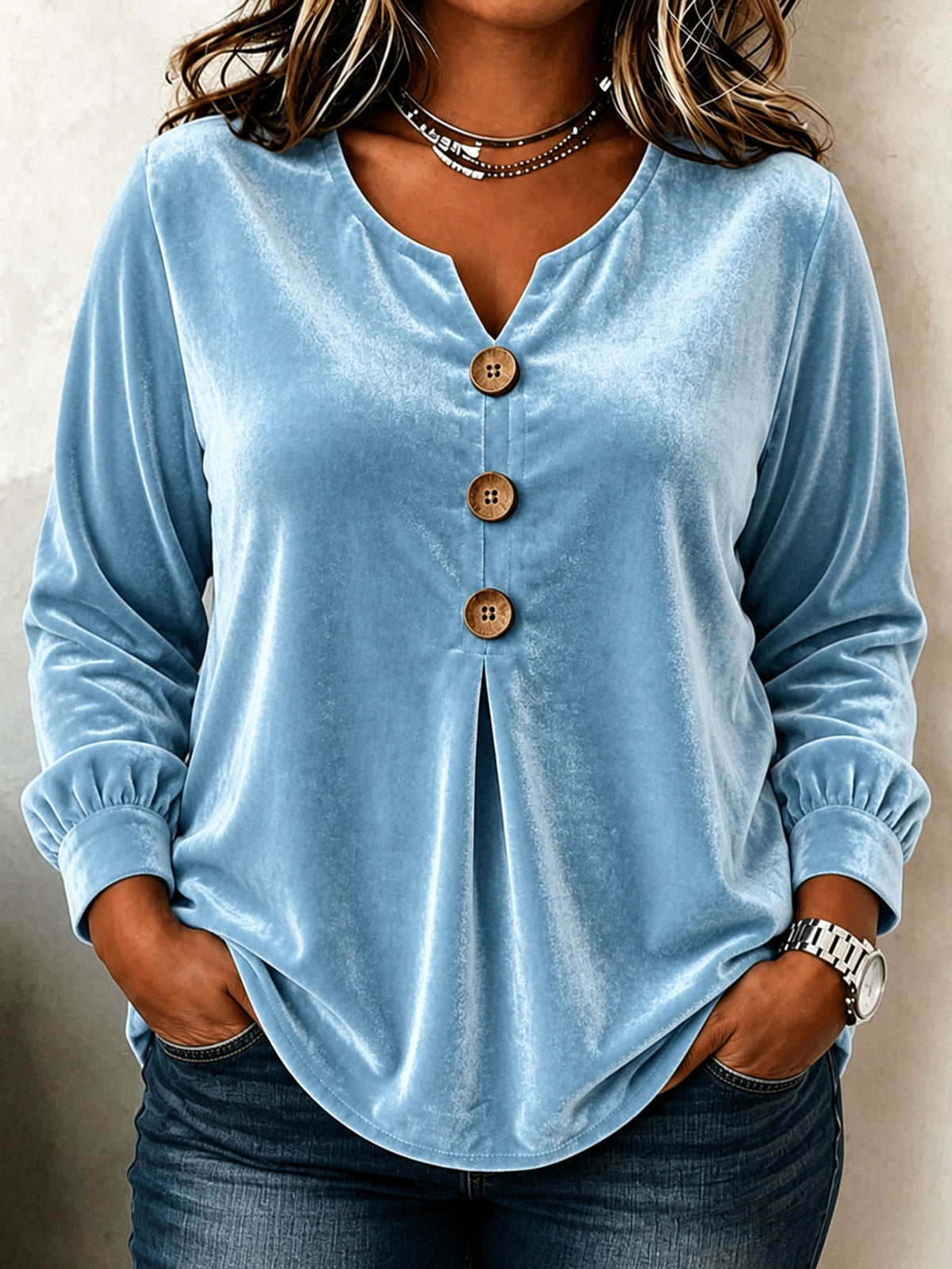Elegant V-neck Buttoned Long-sleeve Velvet Blouse For Women – Premium 0 | RICALOUX