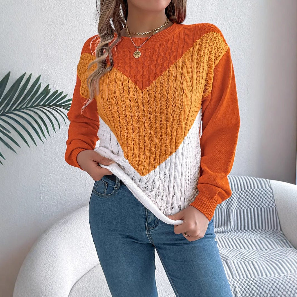Color Matching Twist Lantern Sleeve Pullover Sweaters Women's Clothing - RICALOUX