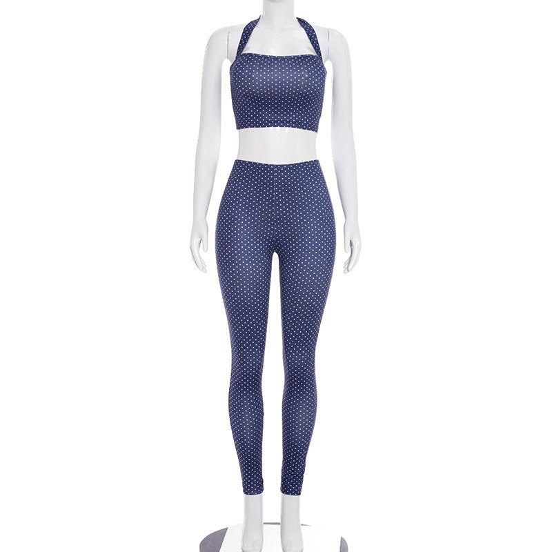 Womens Polka-dot Print Halter-neck Sexy Tube Top And Tight-fitting Trousers Two-piece Set by Ricaloux