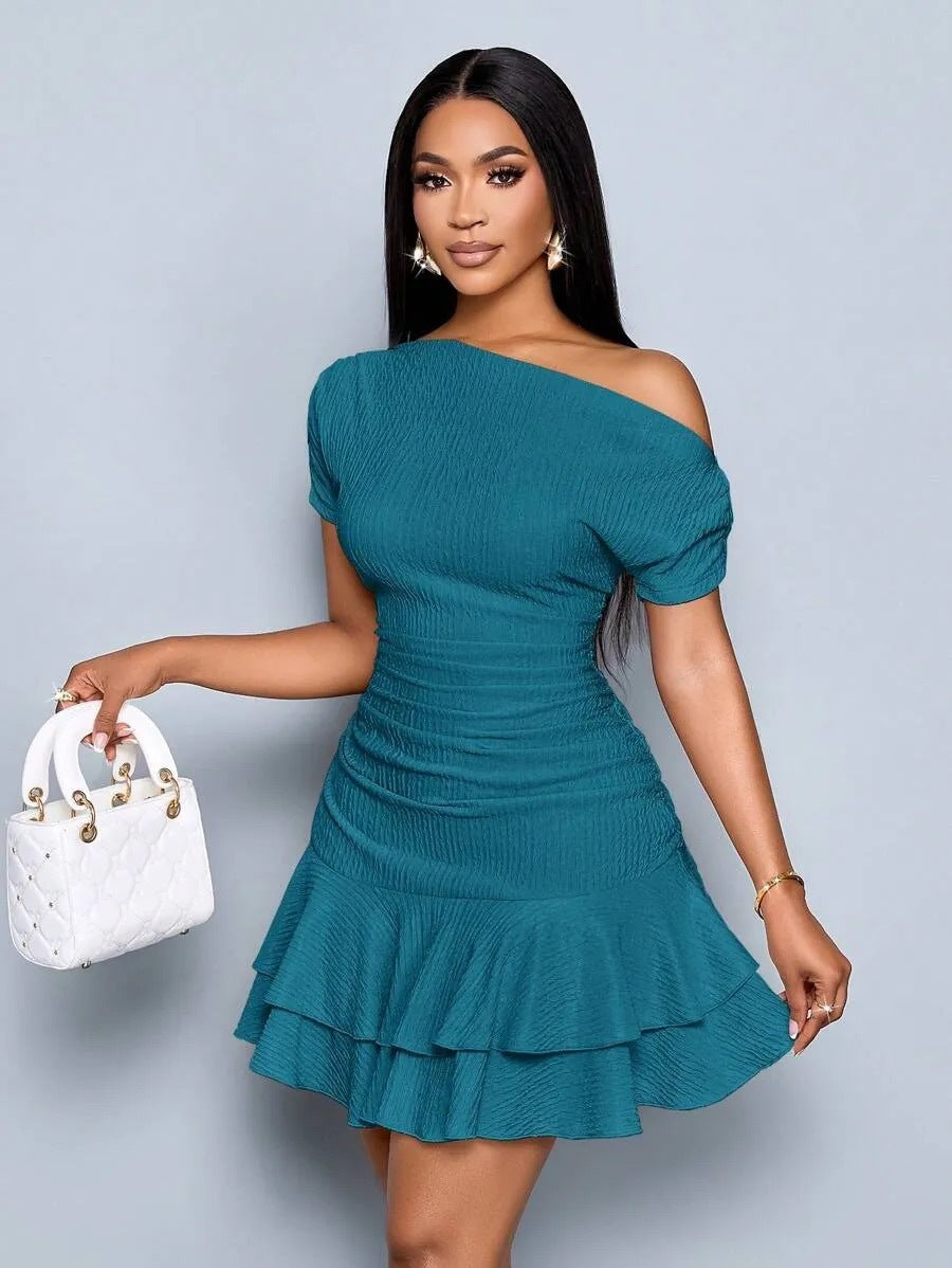 Summer Asymmetrical One Shoulder Short Sleeve Ruched Bodycon Ruffle Mini Dress - Sexy Solid Color Club Dress, Multiple Colors Available by Ricaloux