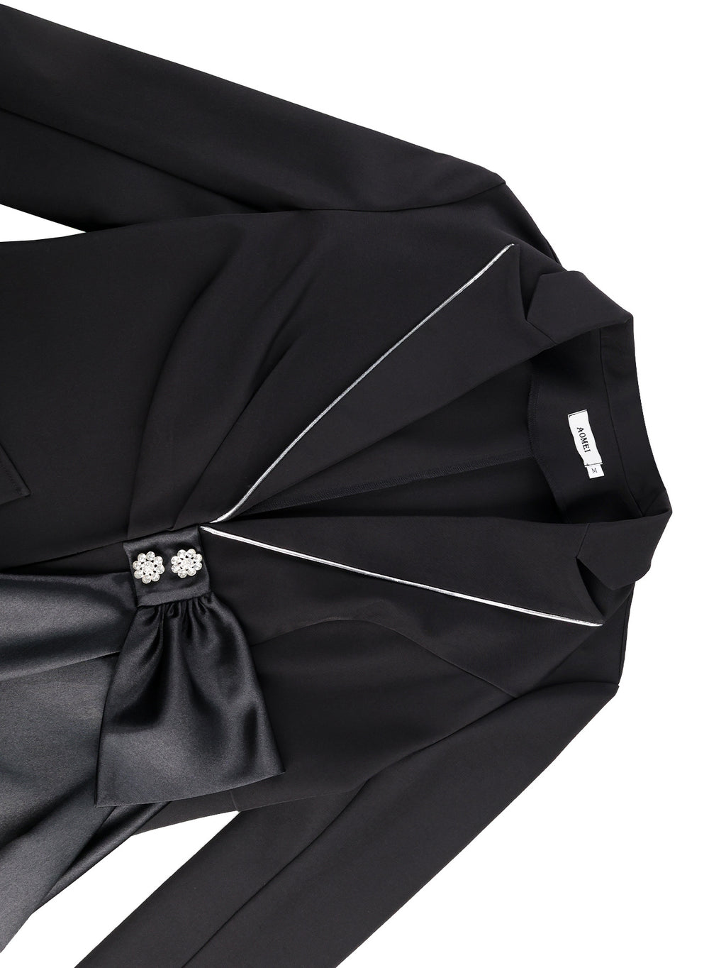 Contrast Satin Bow Rhinestone Trim Fitted Blazer Jacket by Ricaloux