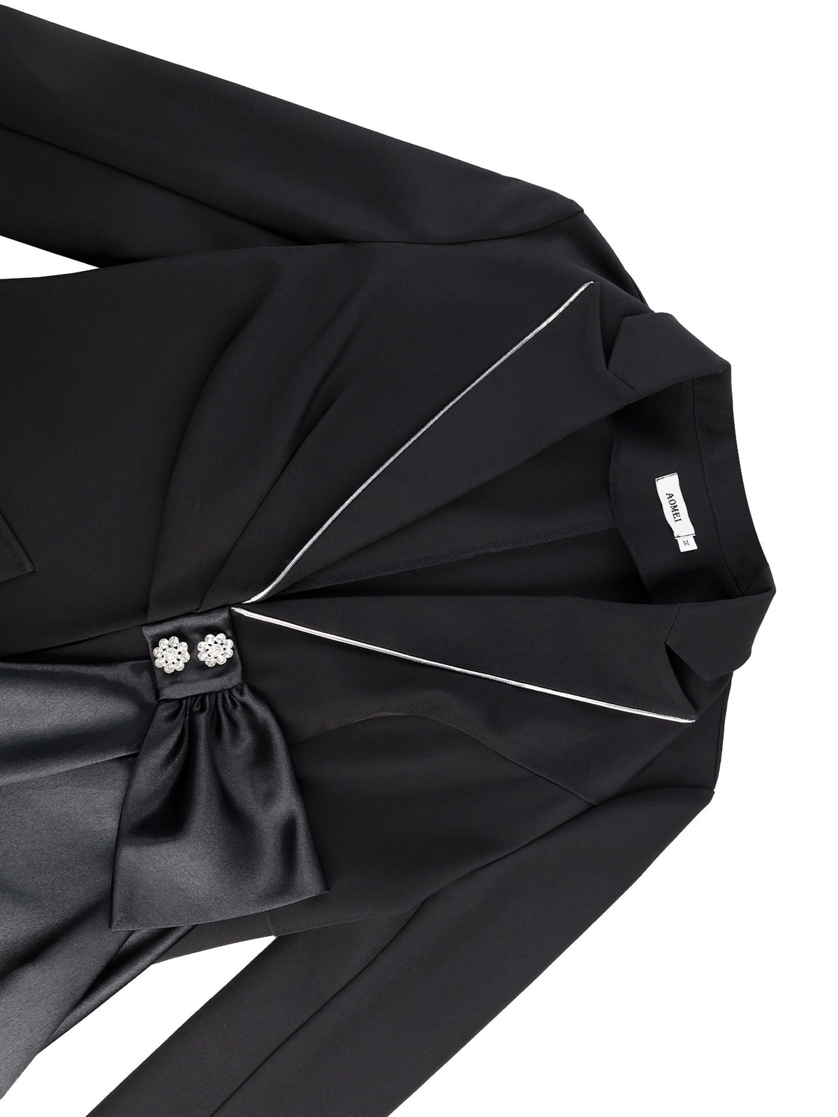 Contrast Satin Bow Rhinestone Trim Fitted Blazer Jacket by Ricaloux