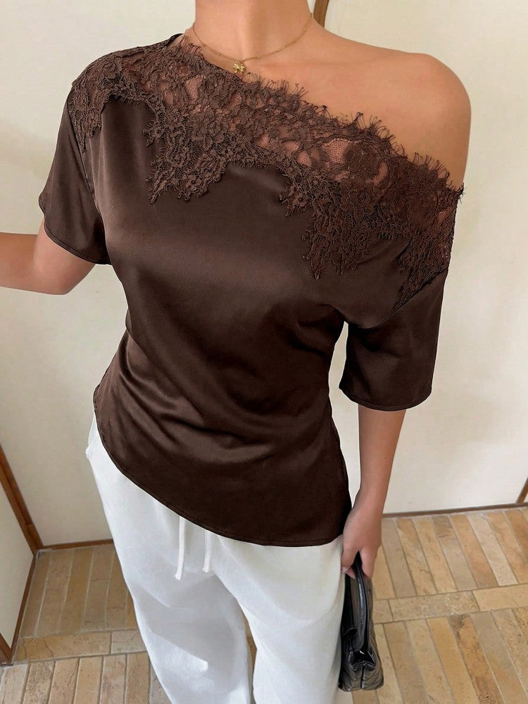 Womens New Solid-color Lace-trimmed Top by Ricaloux