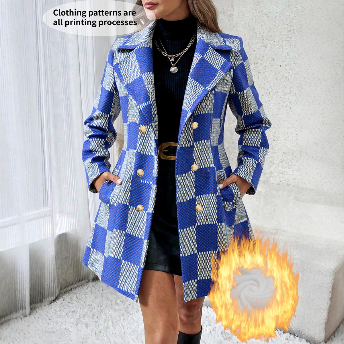 Plus-size Contrast-color Plaid Fleece-lined Loose-fit Coat For Women by Ricaloux