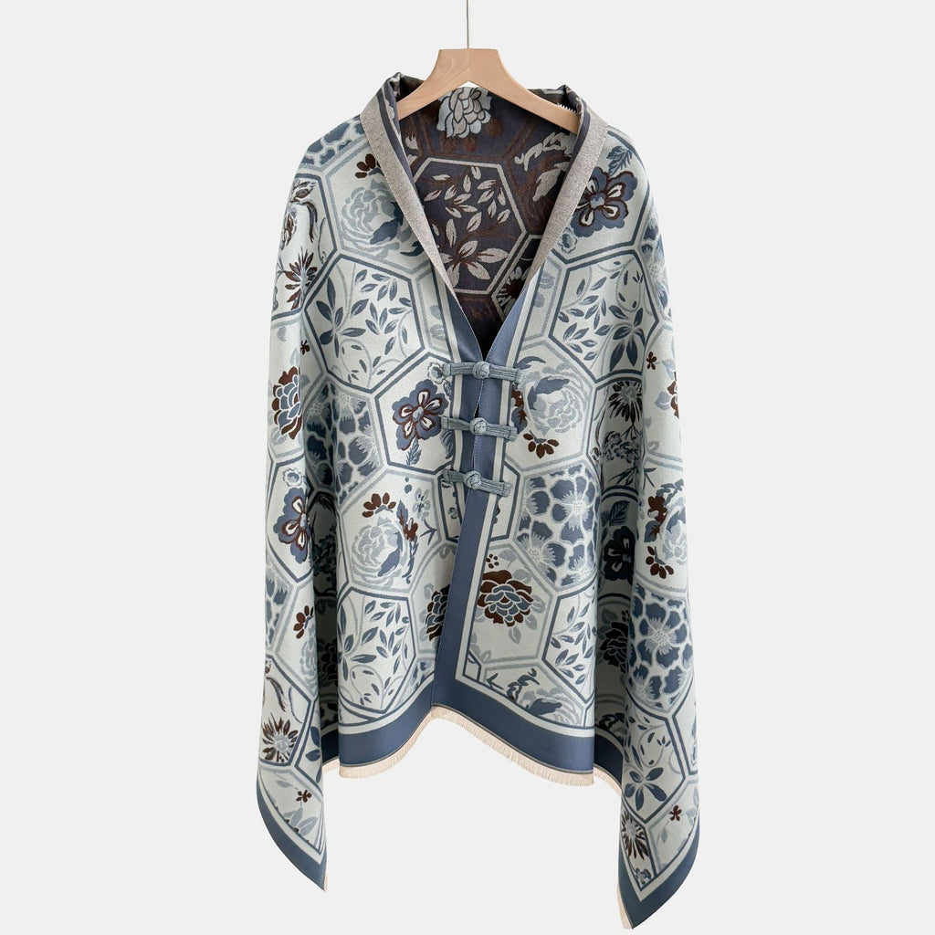 Vintage Knot-button Outerwear Jacquard Shawl by Ricaloux