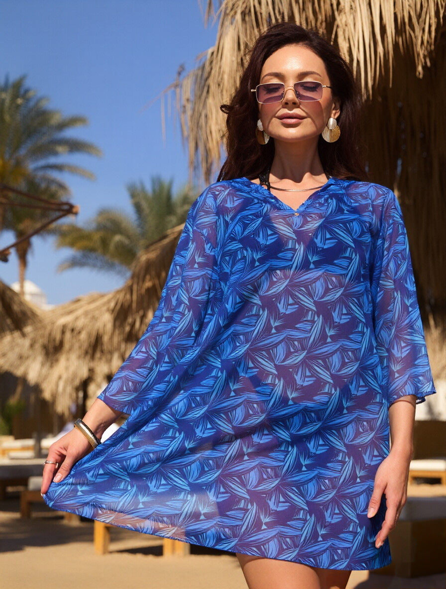 Printed Beach Three Quarter Sleeve One Piece Swimsuit Cover Up – Premium 0 | RICALOUX