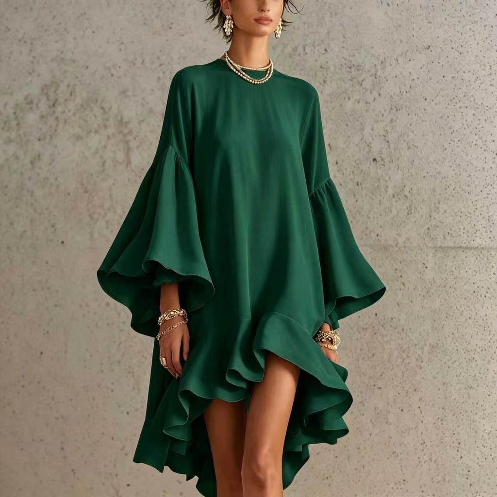 Asymmetrical Round-neck Dress With Puff Sleeves And Ruffled Trim by Ricaloux