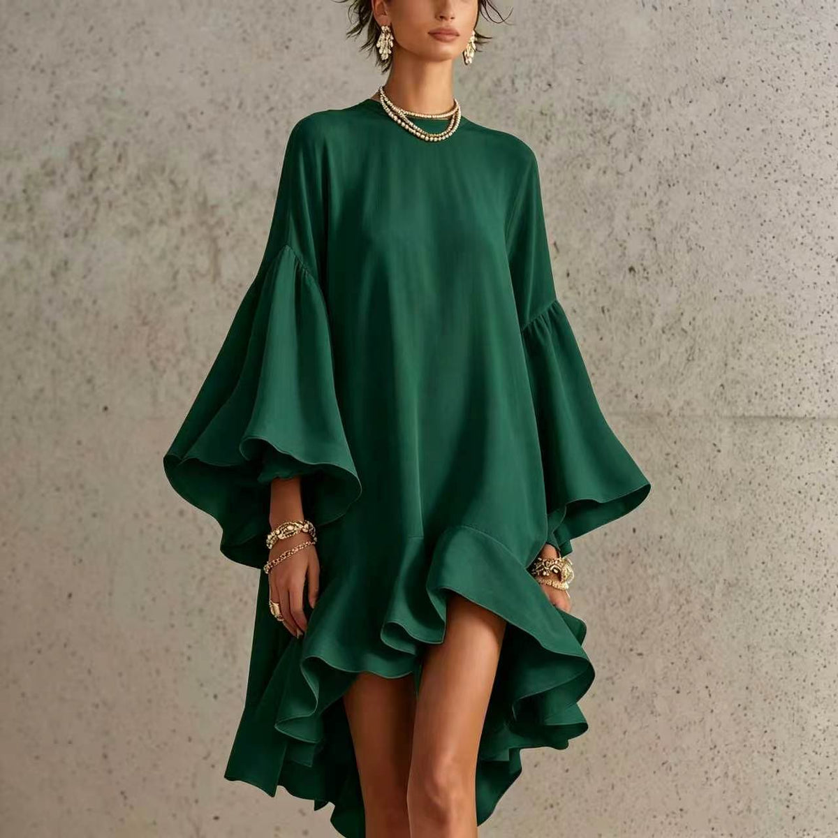 Asymmetrical Round-neck Dress With Puff Sleeves And Ruffled Trim by Ricaloux