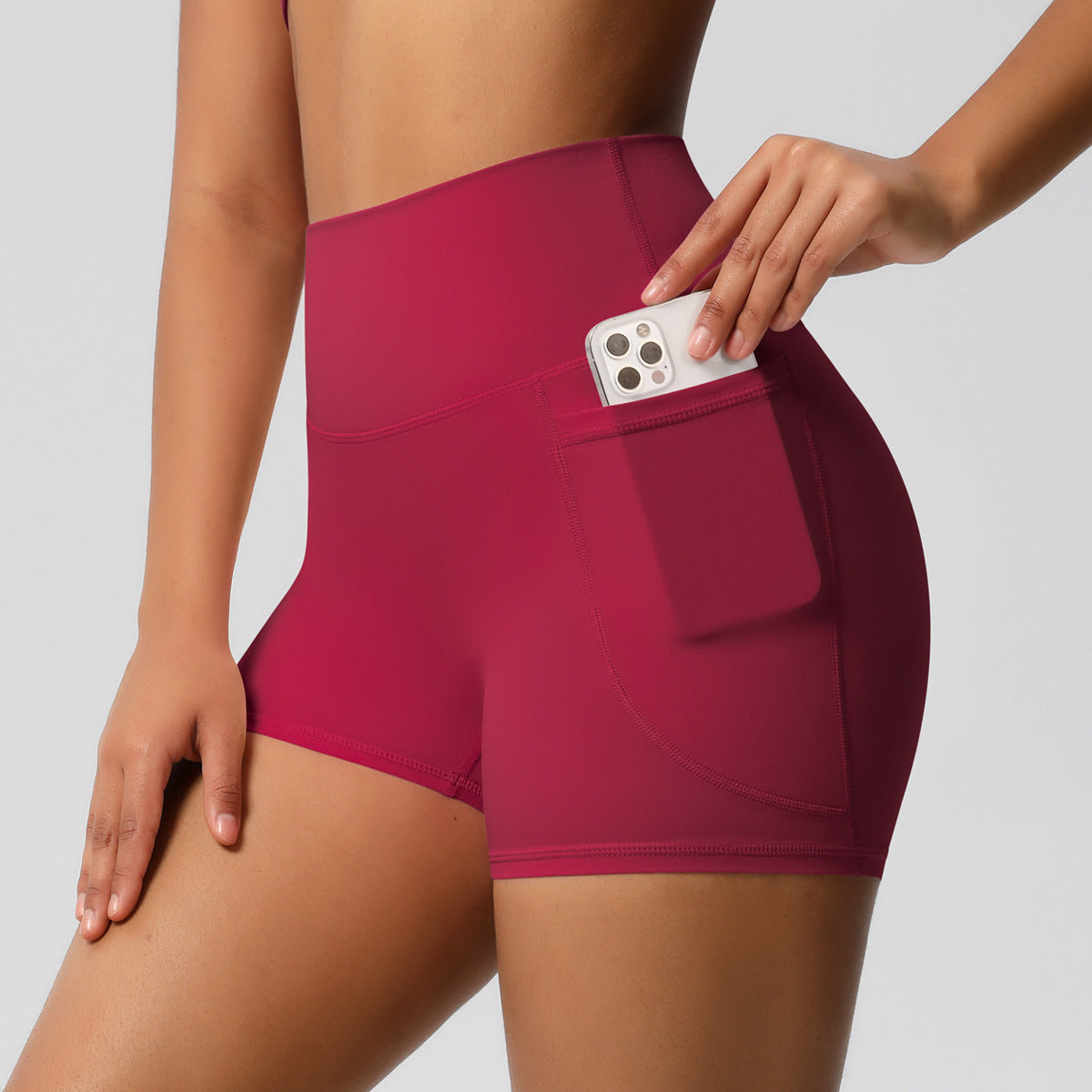 Brushed Solid Color Pocket High Waist Tight High Elastic Yoga Shorts by Ricaloux
