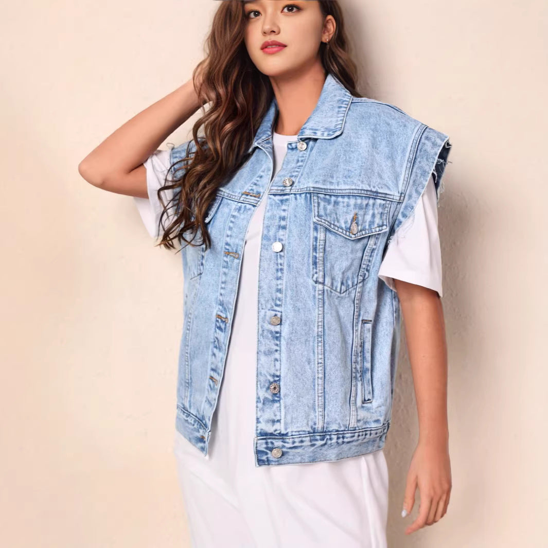 Womens Minimalist Casual Chic Denim Jacket Vest by Ricaloux