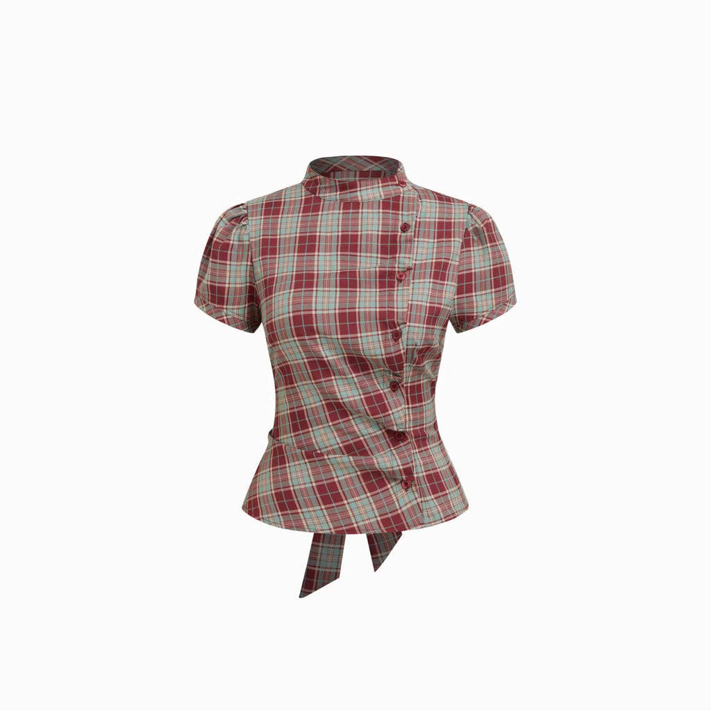 Korean-style Retro Color-block Plaid Stand-collar Short-sleeve Shirt by Ricaloux
