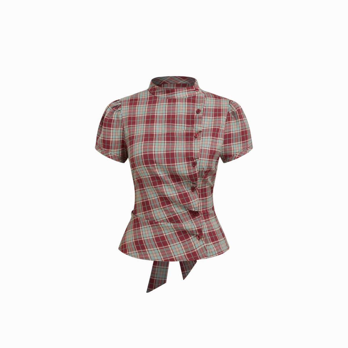 Korean-style Retro Color-block Plaid Stand-collar Short-sleeve Shirt by Ricaloux