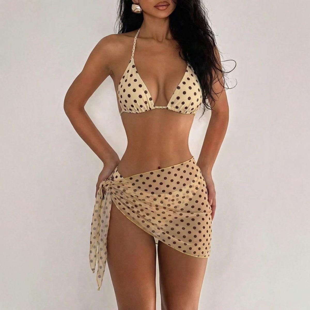 Polka-dot Halter Bikini Three-piece Set, Vintage Style by Ricaloux