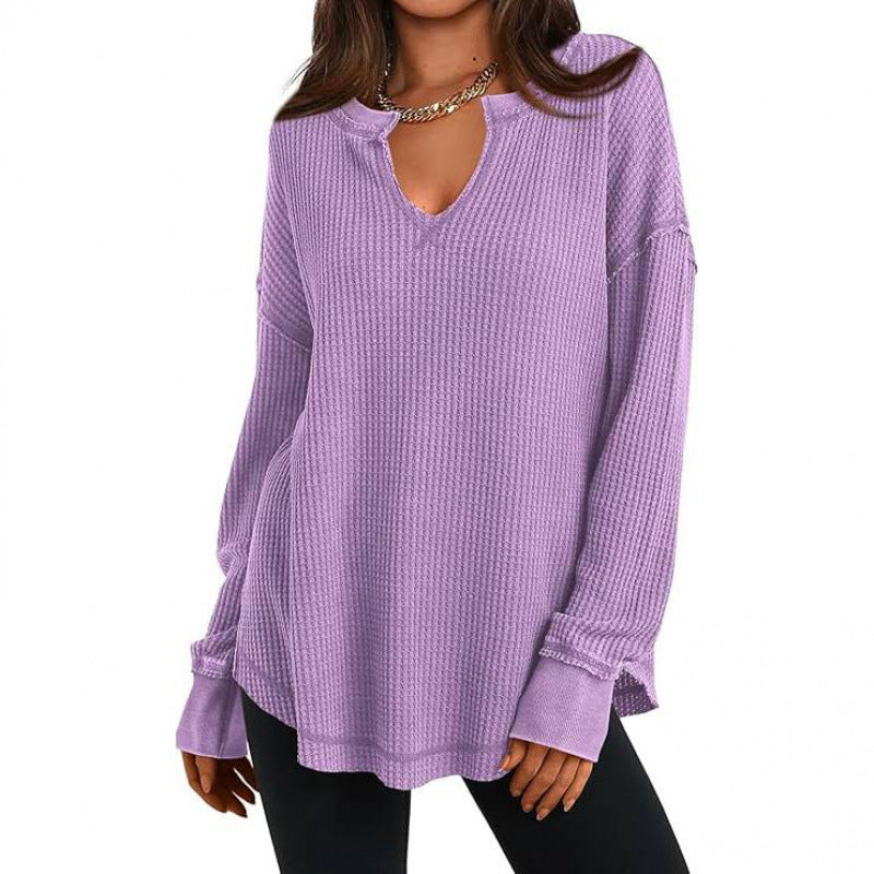 Womens AutumnWinter Casual Knitted Sweater Solid-Color Long-Sleeve V-Neck Waffle-Weave Hoodie Top by Ricaloux