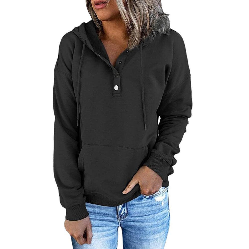 Long-sleeved Hooded Sweatshirt With Pockets Fashion Casual Button Drawstring Design Hoodie Top Spring And Autumn Sports Clothing For Women - RICALOUX