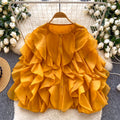 Womens Solid-color Round-neck Irregular Ruffled-edge Button-up Blouse – Premium 0 | RICALOUX