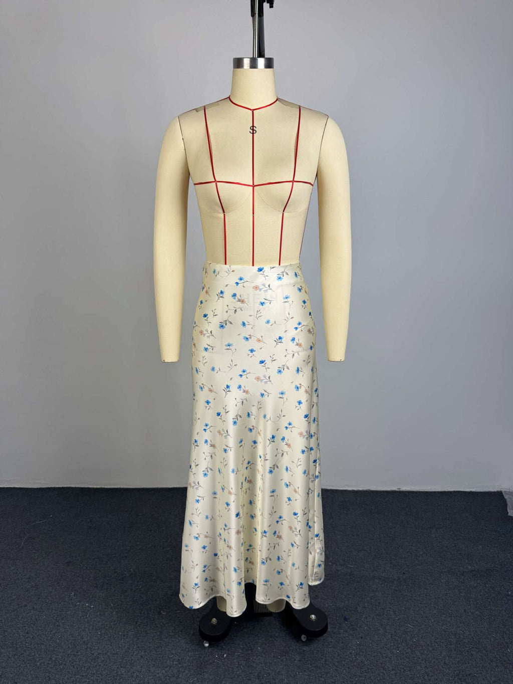 Base Ditsy Floral Print High Waist Satin Mermaid Midi Slip Skirt by Ricaloux