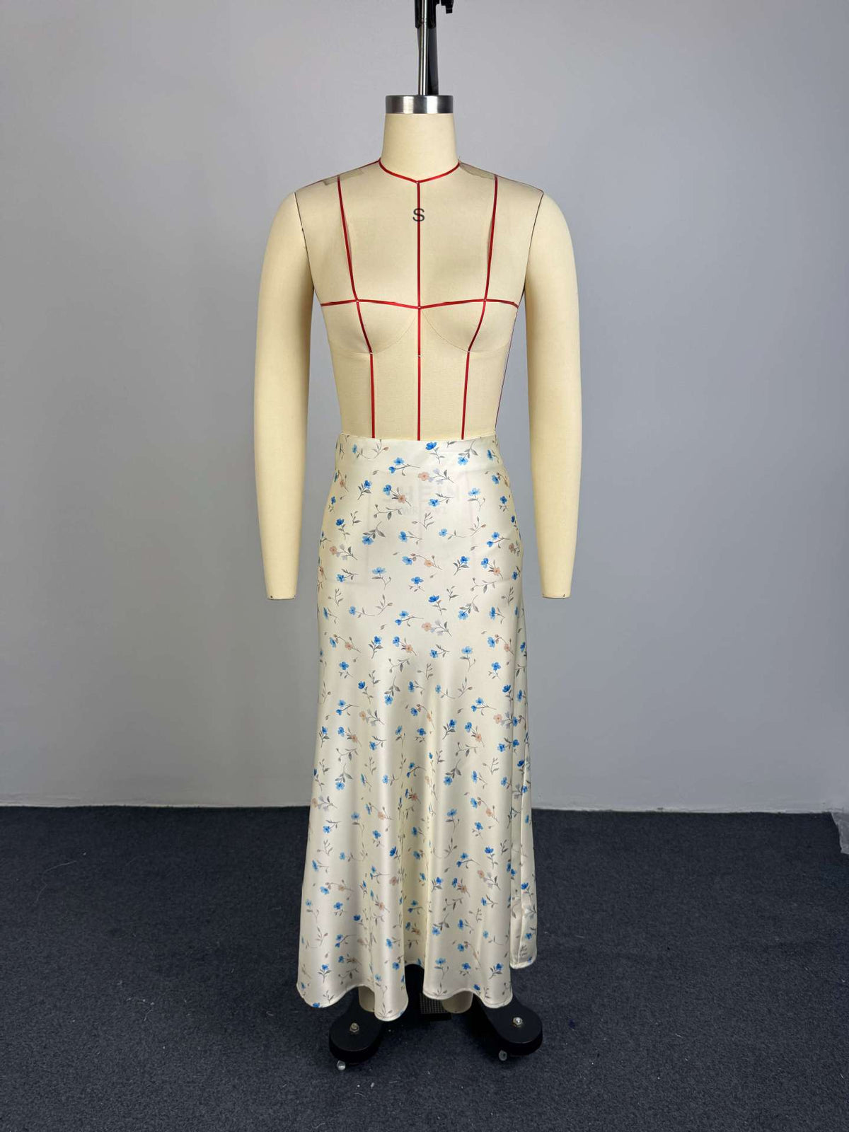 Base Ditsy Floral Print High Waist Satin Mermaid Midi Slip Skirt by Ricaloux